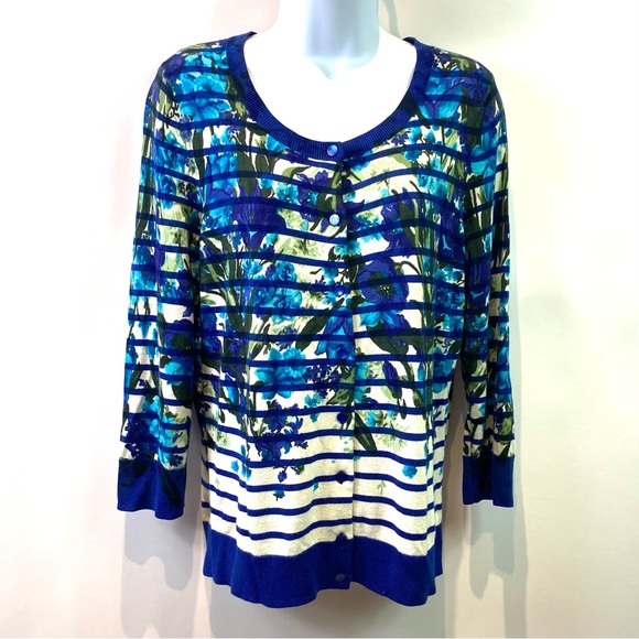 TALBOTS Womens Cardigan Blue Floral Print Button Front Cotton Blend Sz M - Picture 1 of 7